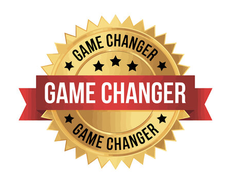 Golden game changer badge with red ribbon and star design elements