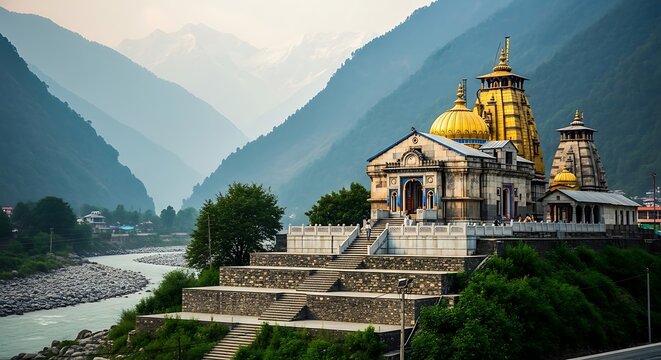Ancient temple with golden domes stands at the foot of towering mountains and flowing river