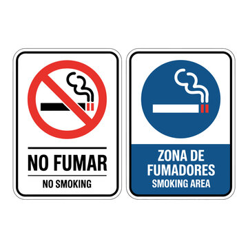 No smoking and smoking area signs in English and Spanish languages