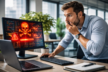 Businessman shocked by cybersecurity threat on computer screen with warning symbol data breach concept