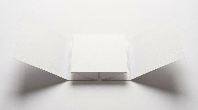 An open trifold brochure with blank panels on a white background, crisp folds and clean paper texture, minimal marketing layout with soft shadows, shot on Canon EOS R6, 85mm lens, f/3.2, 8K\