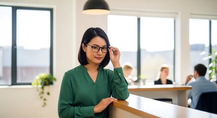 Fototapeta premium Attractive woman with glasses poses at a modern office reception, near windows