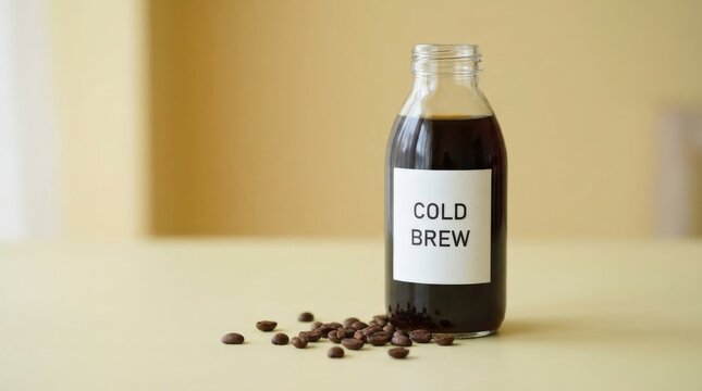 A cold brew coffee bottle with beans on yellow background, minimal composition and soft lighting, shot on Sony A7IV, 85mm lens, f/2.8, 8K\