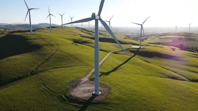 Top down cinematic aerial scene of wind turbines operating in harmony across a scenic hillside landscape The camera gently drifts while maintaining a stable perspective Bright sunlight enhances the gr