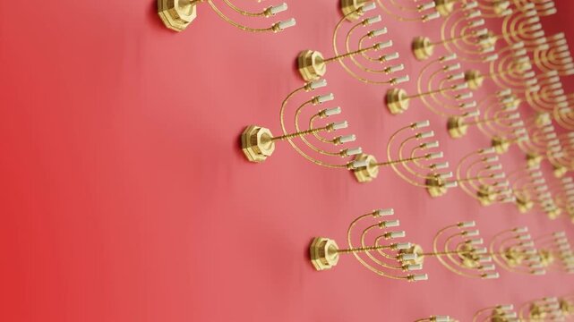 Golden Menorah on Vibrant Red Background Vertical Jewish Holiday Hanukkah Symbol Design