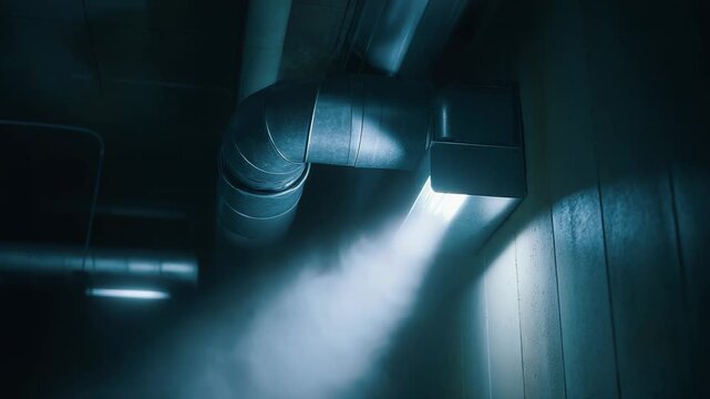 Industrial air vent system releasing visible steam or fog into a dimly lit, enclosed space, creating a mysterious and atmospheric industrial scene with a single light beam