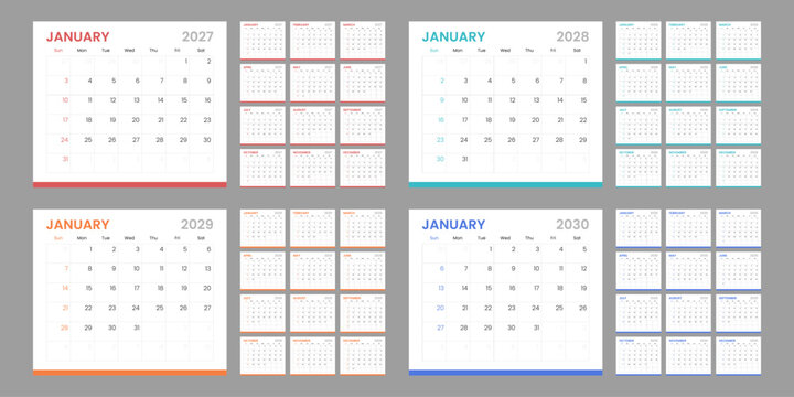 Calendar template set for 2027, 2028, 2029 and 2030 years. Simple editable vector calendar template. Week starts on Sunday. 