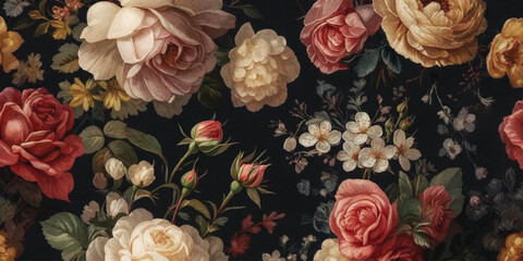 Abstract Vibrant floral pattern featuring an array of roses and blossoms on a rich background with texture. © Mayesa