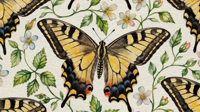 A beautiful seamless watercolor butterfly pattern fills the frame with colourful wings, spring nature, and decorative art.