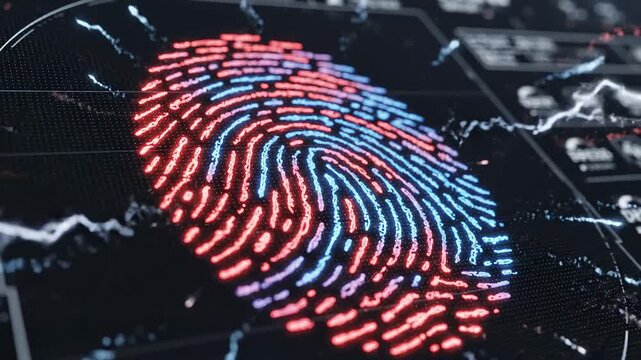 This features a close-up of a futuristic fingerprint scan on a digital screen, illuminated with red and blue lights. The high-tech visual representation is often used in crime investigations and