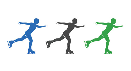 Fototapeta premium Silhouette of three ice skaters in blue, black, and green, positioned in a dynamic sequence against a white background, showcasing a range of motion.