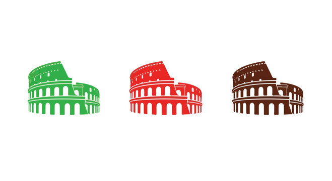 Three colorful chocolate Colosseum shaped desserts on a white background.