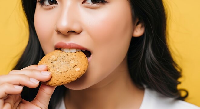 Close-up of a person taking a bite of a cookie, with a yellow background