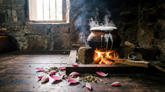 Auspicious hearth (Lipa) with boiling milk and steam