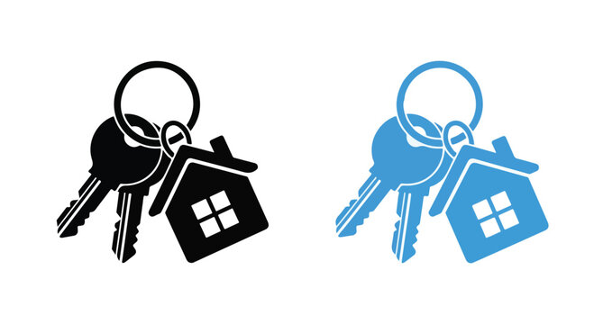 Two house keychains with keys on a white background, one in black and one in blue, flat design icons.