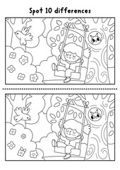 Fototapeta premium Garden black and white find differences game for children. Spring line educational activity with girl swinging on tree with owl. Puzzle for kids. Printable worksheet, coloring page