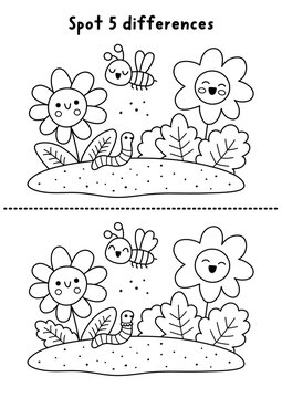 Garden black and white find differences game. Spring line educational activity with smiling kawaii flowers on bed with funny bee. Cute puzzle, coloring page for kids. Printable worksheet