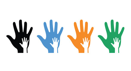 Fototapeta premium Four diverse hands with smaller hands inside, symbolizing unity and diversity, against a clean white background with a flat design style.