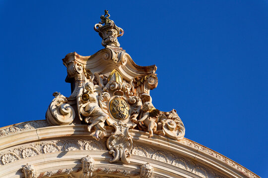 Neo-Baroque colonnade in historic spa Mariansk&eacute; Lazne, Czechia, Cheb district, Karlovy Vary region, architectural details, sunny day