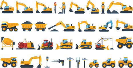 Construction Equipment and Machinery Set Including Excavators, Dump Trucks, and Tools for Building, Heavy Equipment, and Industrial Designs © Mrinal