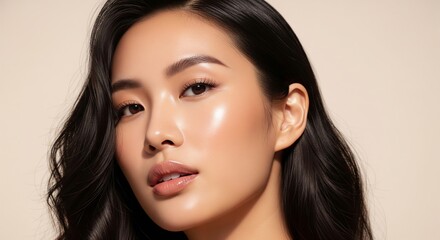 Fototapeta premium Stunning close-up portrait of a beautiful young Asian woman, showcasing her radiant, glowing skin and luxurious dark wavy hair, embodying natural elegance and healthy beauty