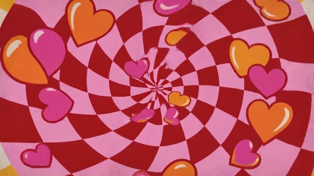Groovy lovely backgrounds for Valentine's Day pulse with love concept greeting card patterns in retro 60s and 70s cartoon style.