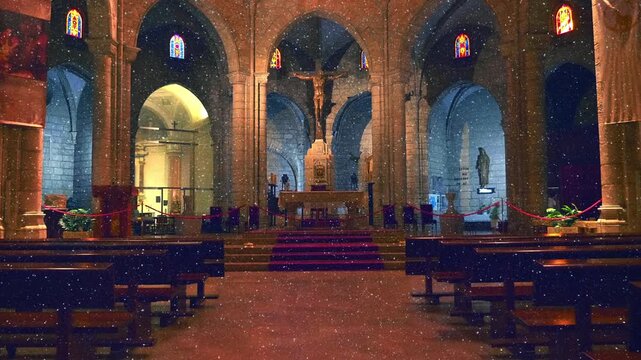 In the Spain inside the ancient church affects the design and richness of decoration and  antique national artifacts - icons, statues of Saints, pictures and art paintings. View through sparkling part