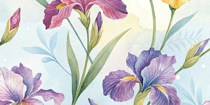 Abstract Colorful watercolor irises create a vibrant floral pattern background with texture.