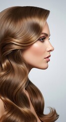 Fototapeta premium Beautiful blonde woman with long wavy hair styled perfectly, showcasing a glamorous and elegant look against a neutral background