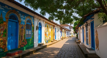 Fototapeta premium Colorful streetscape of vibrantly painted buildings with blue doors, lined with a cobblestone path