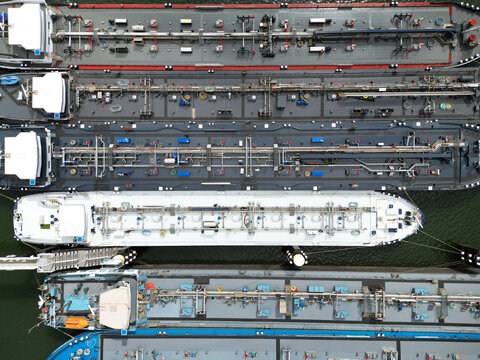 Aerial view of oil tankers in the port of Rotterdam