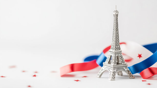 Eiffel tower model with french flag ribbons and red stars on white background