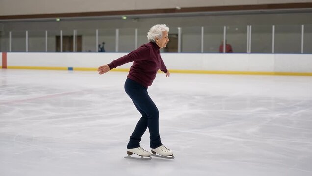 Senior Female Ice Skater Performing a Spin on Ice Rink