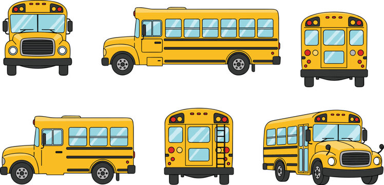 Yellow school bus vector illustration set with different views including front side and back isolated on white background for education design