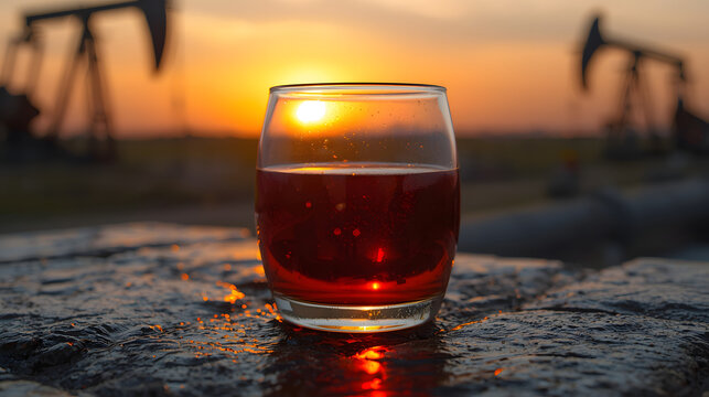 A glass of crude oil sits on a rock with two oil pumpjacks silhouetted against a vibrant sunset in the background, symbolizing energy and industry.