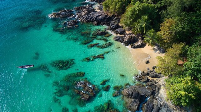 Nai Thon beach in Phuket, Thailand, offers a tropical paradise with clear, turquoise waters, viewed from an amazing aerial perspective.