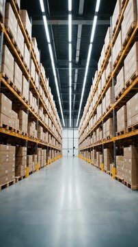This shows a large warehouse with high storage shelves filled with cardboard boxes. The facility is well-lit with bright lights and has a clean gray floor. The rows of shelves stretch into the