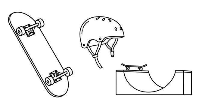 Skateboarding equipment set vector illustration. Line art drawing of skateboard, safety helmet, and half-pipe ramp for extreme sports.