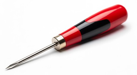 Fototapeta premium Detailed close-up of a hand-held awl with a red and black handle, angled on white