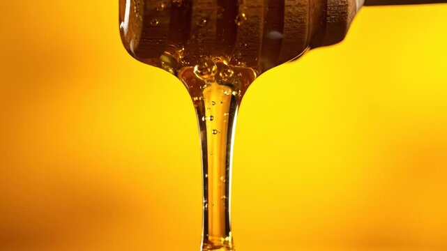 Golden honey drops fall from a wooden honey spoon against a vivid yellow background in a rich, warm close-up composition.
