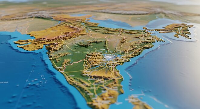 Digitally rendered, detailed, topographic map of the Indian subcontinent, in shades of brown and green