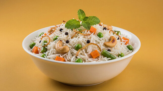 Vegetable pulao or veg biryani made using basmati rice, served in a white bowl with cashews, peas, carrots, and garnished with mint leaves