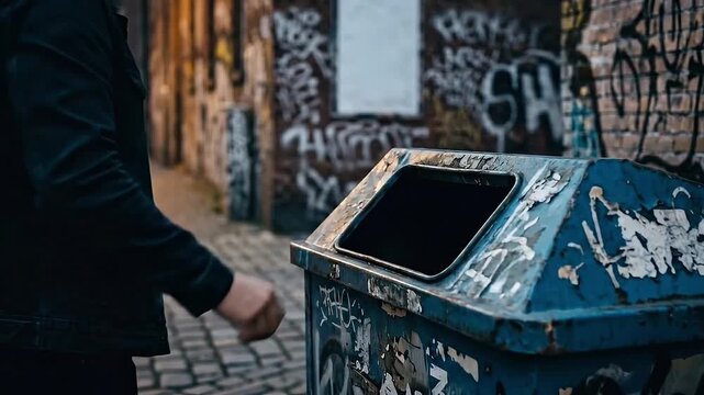 Man throwing a bottle of alcoholic beverage in the trash.