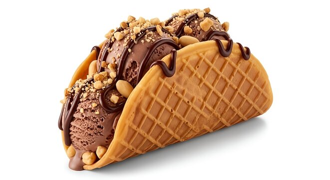 Delicious chocolate ice cream taco with crunchy waffle cone shell nuts and chocolate sauce on top served on white background