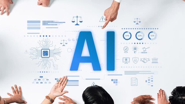 Diverse hands surrounding large AI letters showcase innovation and teamwork in technology, representing the intersection of data and artificial intelligence in business. Raster