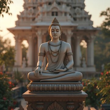 Serene Statue of Lord Mahavira in Meditative Pose at a Jain Temple During Sunrise