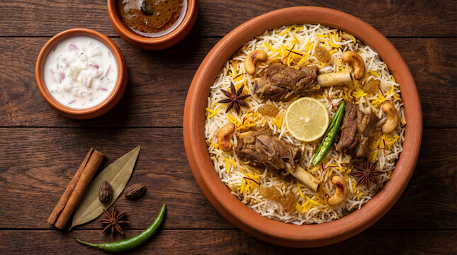 Delicious mutton biryani served in a clay pot with raita and gravy on a wooden table