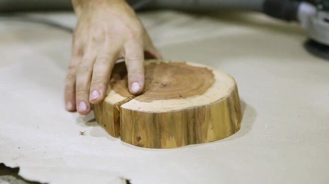 Woodworking process polishing small wood slabs with sander