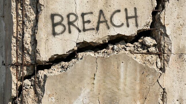 The word Breach spray painted on a cracked and crumbling concrete wall with exposed rebar.