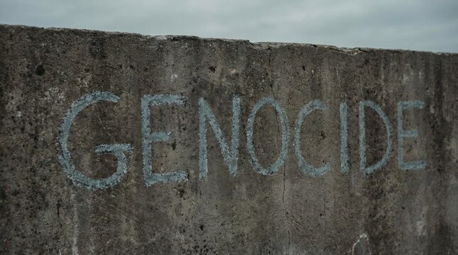 The word Genocide carved into a weathered concrete wall as a somber reminder of mass atrocities.